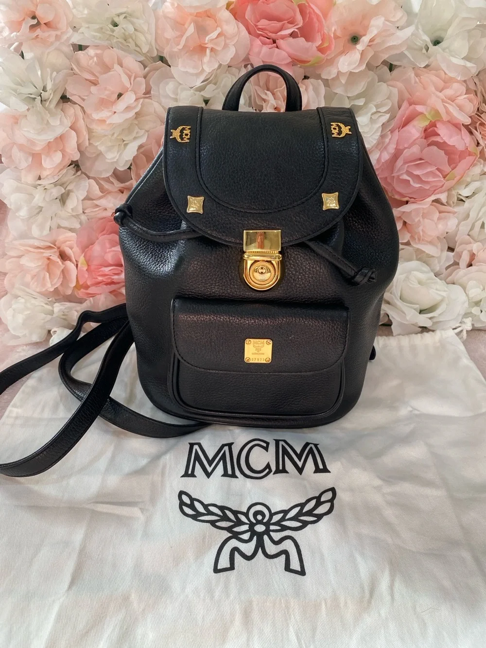 MCM Black Leather Mini Backpack with Gold Hardware Accents